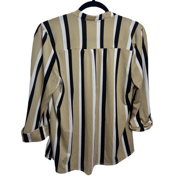 Cocomo Beige Striped Button Front 3/4 Sleeve Blouse Top Size Medium - Picture 3 of 5